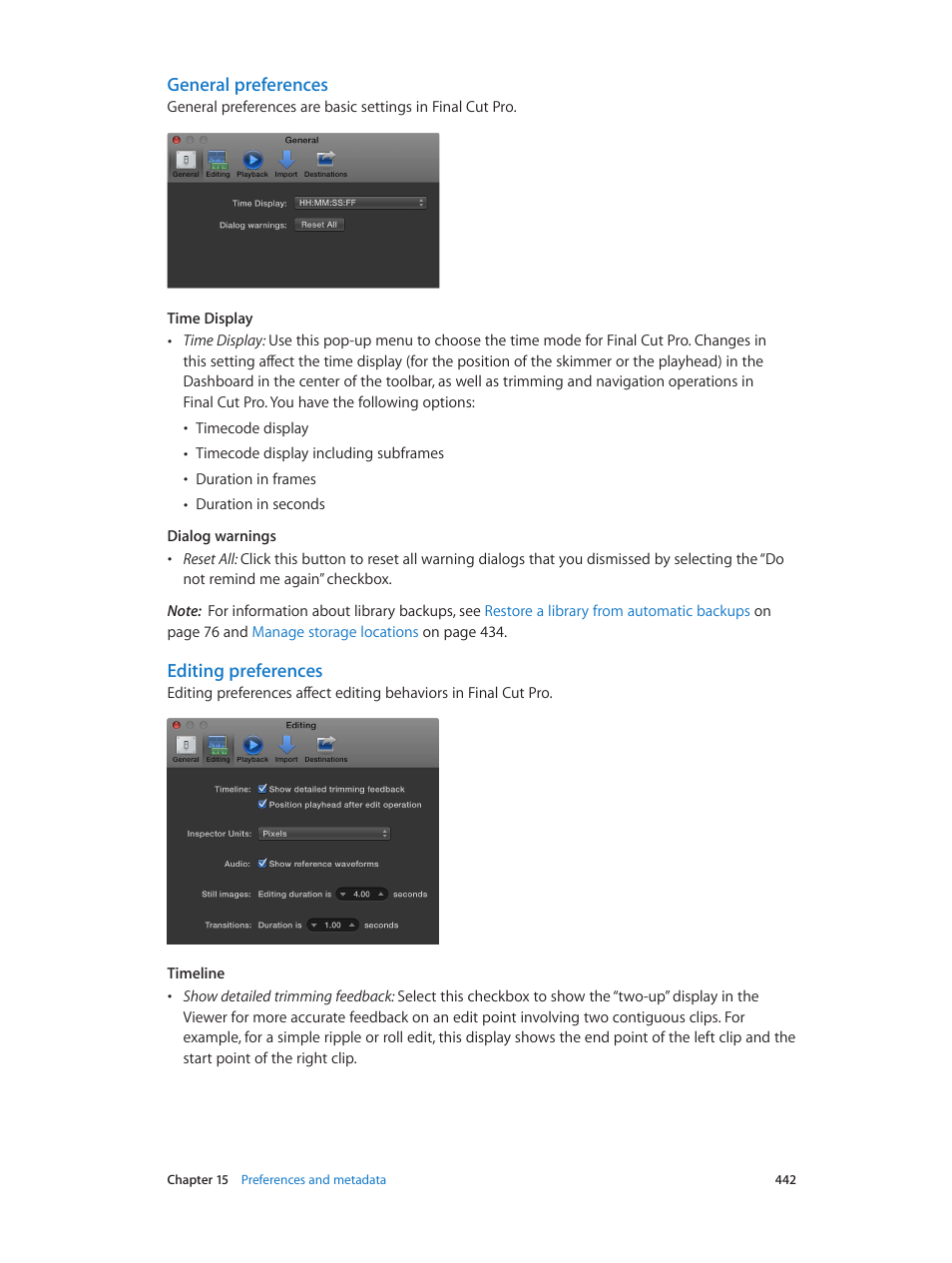 General preferences, Editing preferences | Apple Final Cut Pro X (10.1.2) User Manual | Page 442 / 495