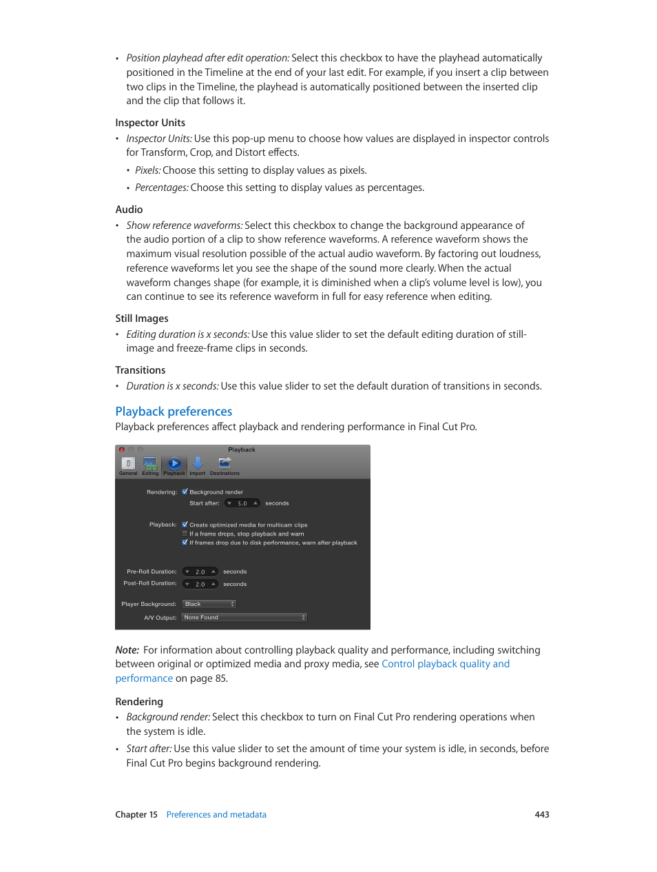 Playback preferences, Playback, Preferences | Apple Final Cut Pro X (10.1.2) User Manual | Page 443 / 495