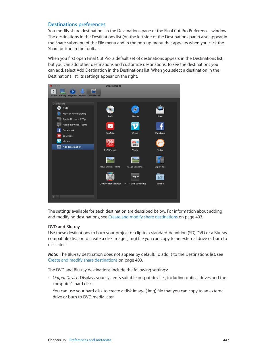 Destinations preferences | Apple Final Cut Pro X (10.1.2) User Manual | Page 447 / 495