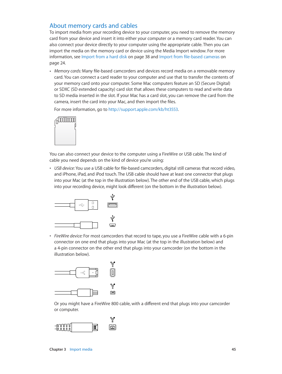 About memory cards and cables, 45 about memory cards and cables | Apple Final Cut Pro X (10.1.2) User Manual | Page 45 / 495