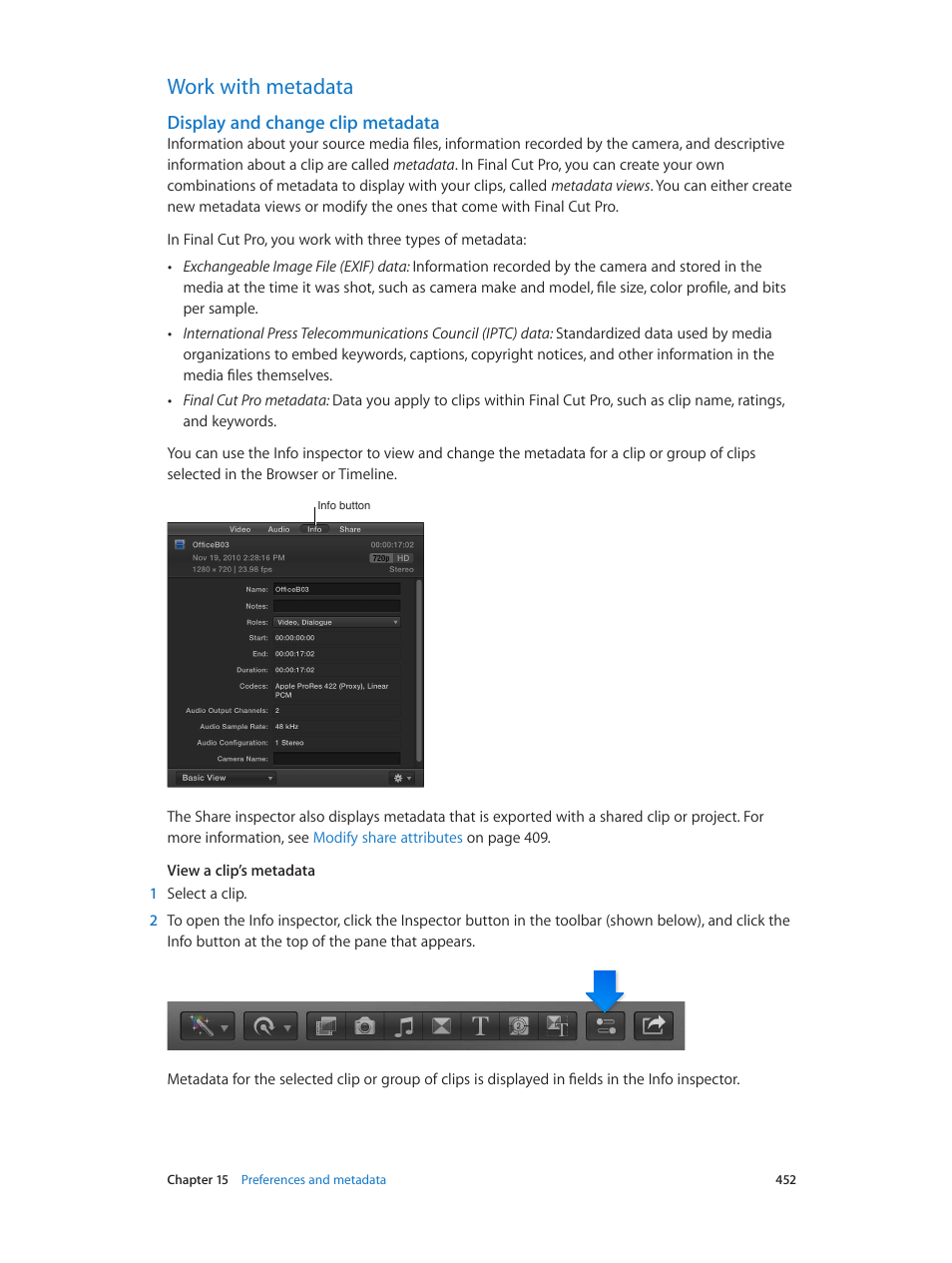 Work with metadata, Display and change clip metadata, 452 work with metadata 452 | Apple Final Cut Pro X (10.1.2) User Manual | Page 452 / 495