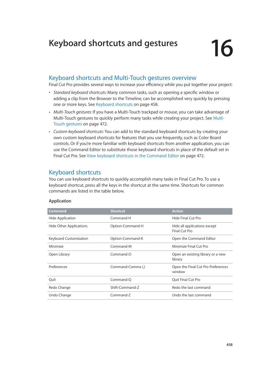Chapter 16: keyboard shortcuts and gestures, Keyboard shortcuts, Keyboard shortcuts and gestures | Apple Final Cut Pro X (10.1.2) User Manual | Page 458 / 495