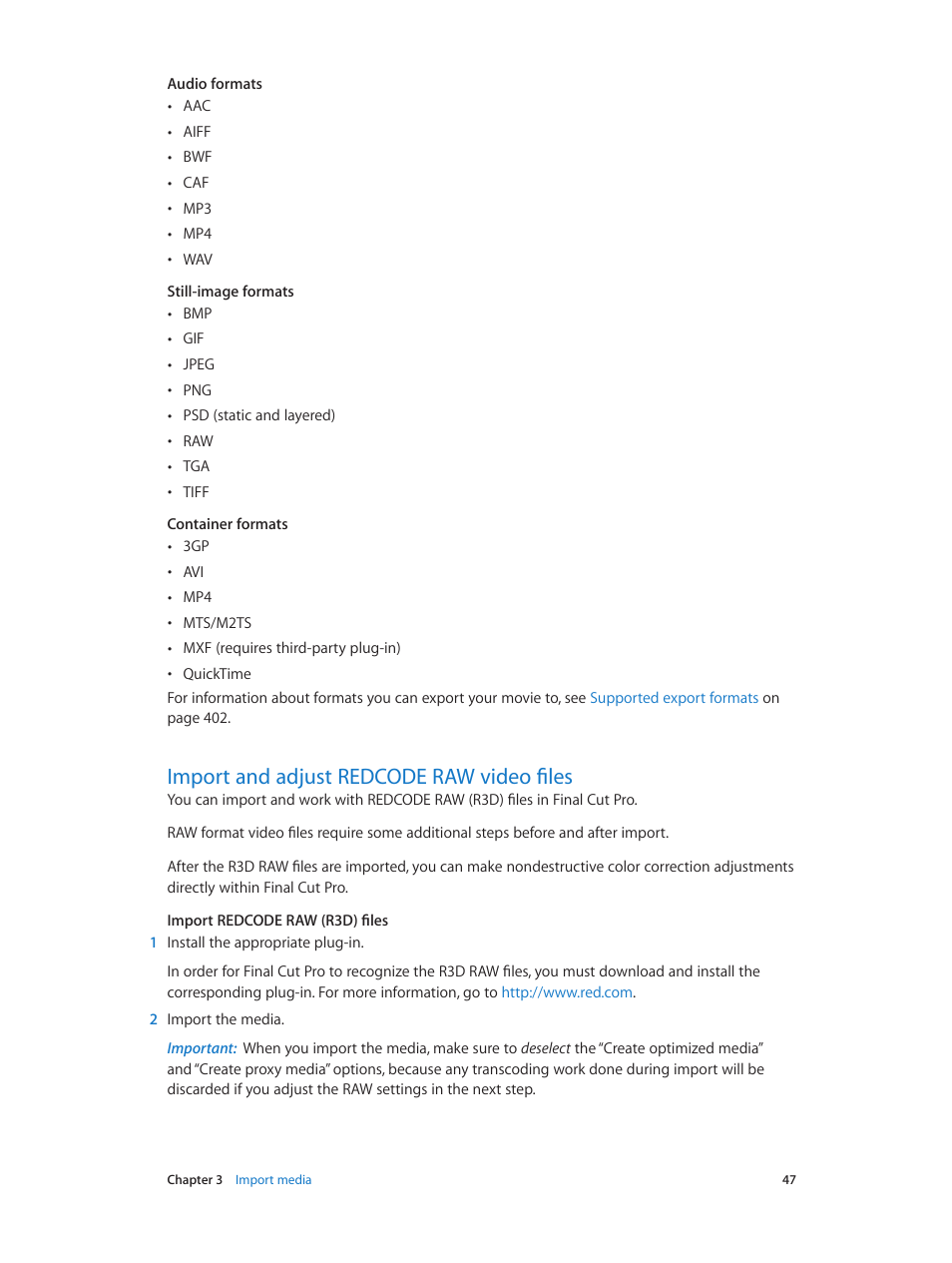 Import and adjust redcode raw video files, 47 import and adjust redcode raw video files | Apple Final Cut Pro X (10.1.2) User Manual | Page 47 / 495