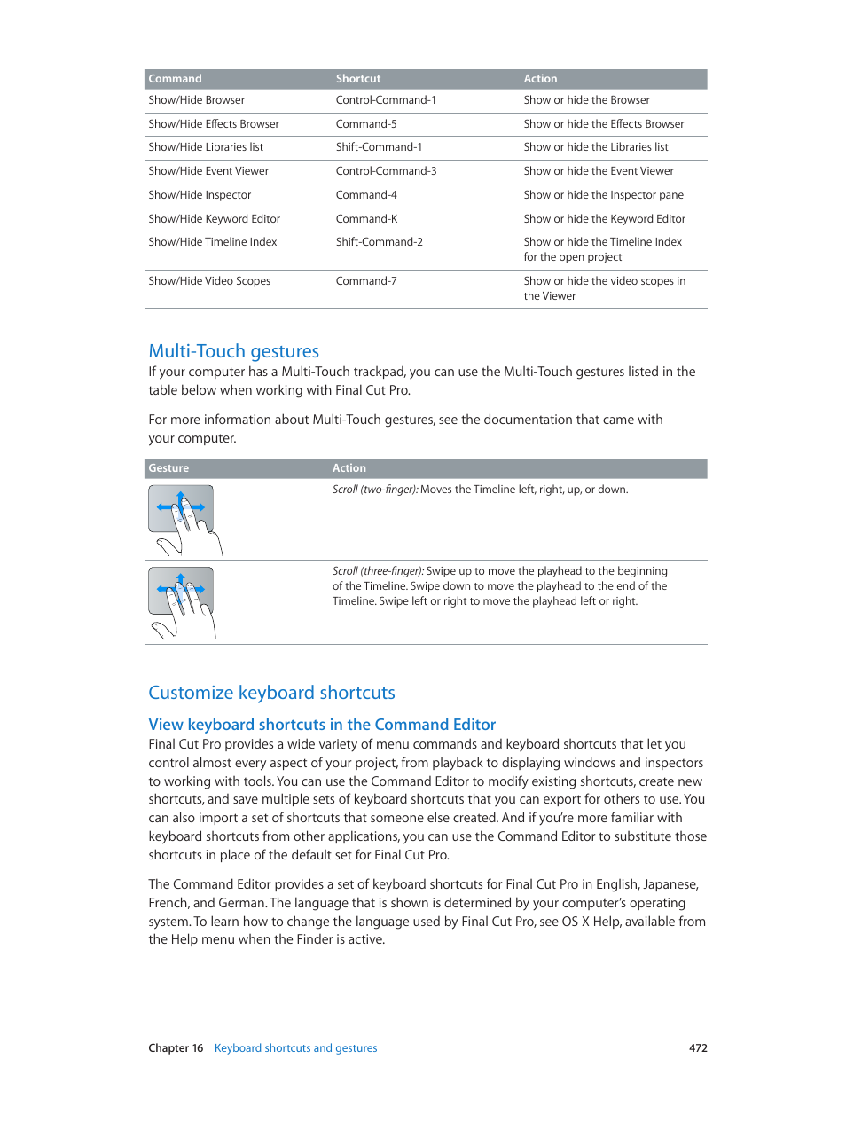 Multi-touch gestures, Customize keyboard shortcuts, View keyboard shortcuts in the command editor | View keyboard shortcuts in the command, Editor, Multi, Touch gestures | Apple Final Cut Pro X (10.1.2) User Manual | Page 472 / 495