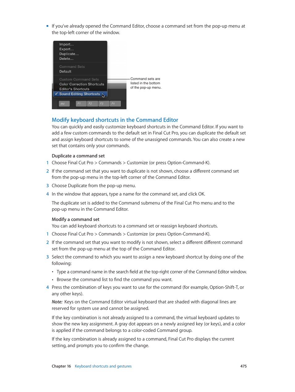 Modify keyboard shortcuts in the command editor | Apple Final Cut Pro X (10.1.2) User Manual | Page 475 / 495