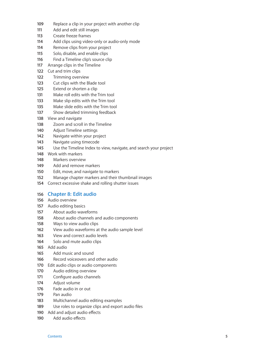 Chapter 8: edit audio | Apple Final Cut Pro X (10.1.2) User Manual | Page 5 / 495