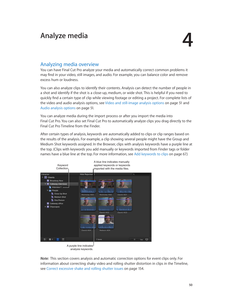 Chapter 4: analyze media, Analyzing media overview, 50 analyzing media overview | Analyze media | Apple Final Cut Pro X (10.1.2) User Manual | Page 50 / 495
