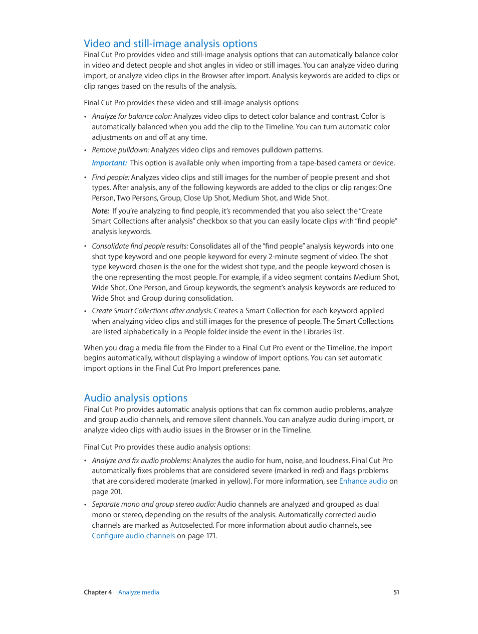 Video and still-image analysis options, Audio analysis options, 51 and | Apple Final Cut Pro X (10.1.2) User Manual | Page 51 / 495