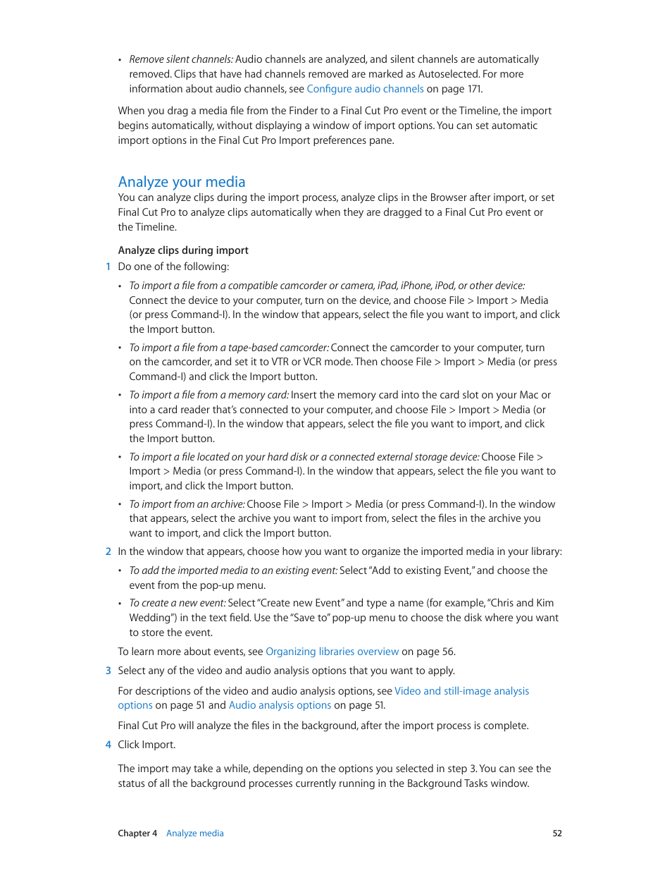 Analyze your media, 52 analyze your media | Apple Final Cut Pro X (10.1.2) User Manual | Page 52 / 495