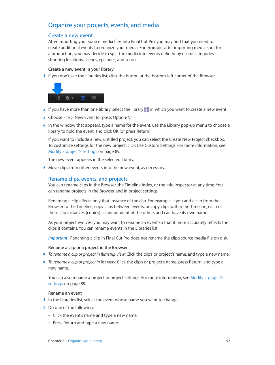 Organize your projects, events, and media, Create a new event, Rename clips, events, and projects | 57 organize your projects, events, and media 57 | Apple Final Cut Pro X (10.1.2) User Manual | Page 57 / 495
