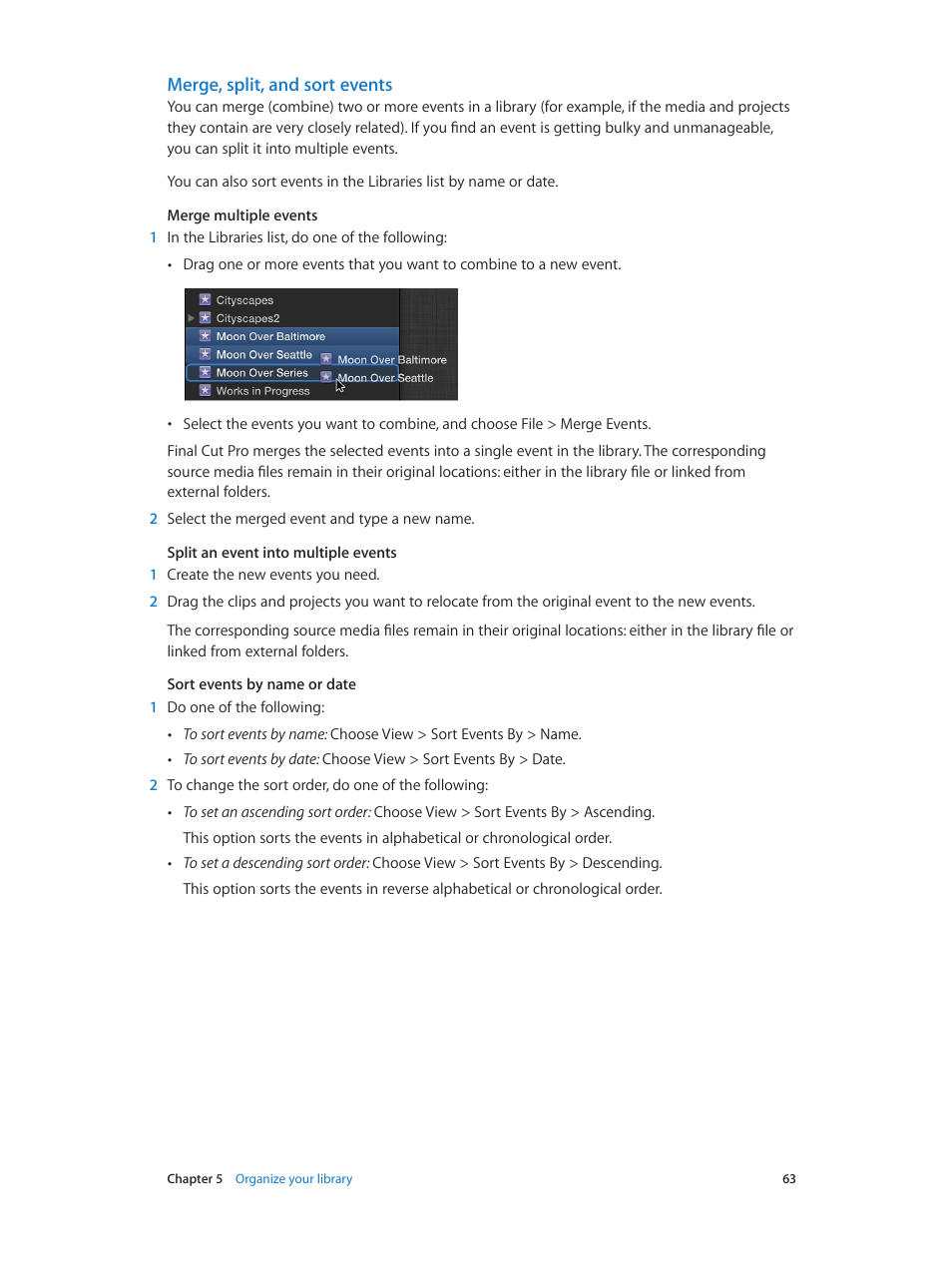 Merge, split, and sort events | Apple Final Cut Pro X (10.1.2) User Manual | Page 63 / 495