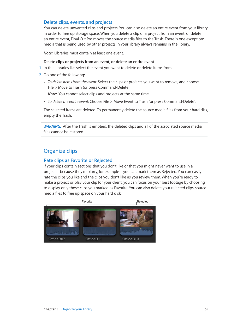 Delete clips, events, and projects, Organize clips, Rate clips as favorite or rejected | 65 organize clips 65 | Apple Final Cut Pro X (10.1.2) User Manual | Page 65 / 495