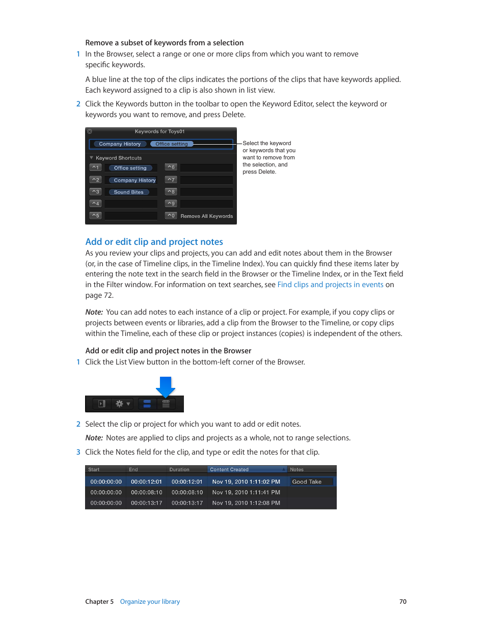Add or edit clip and project notes | Apple Final Cut Pro X (10.1.2) User Manual | Page 70 / 495