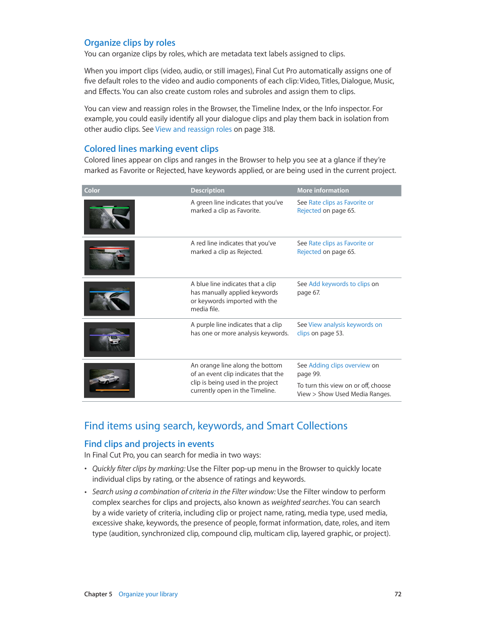 Organize clips by roles, Colored lines marking event clips, Find clips and projects in events | Colored lines marking, Event clips | Apple Final Cut Pro X (10.1.2) User Manual | Page 72 / 495