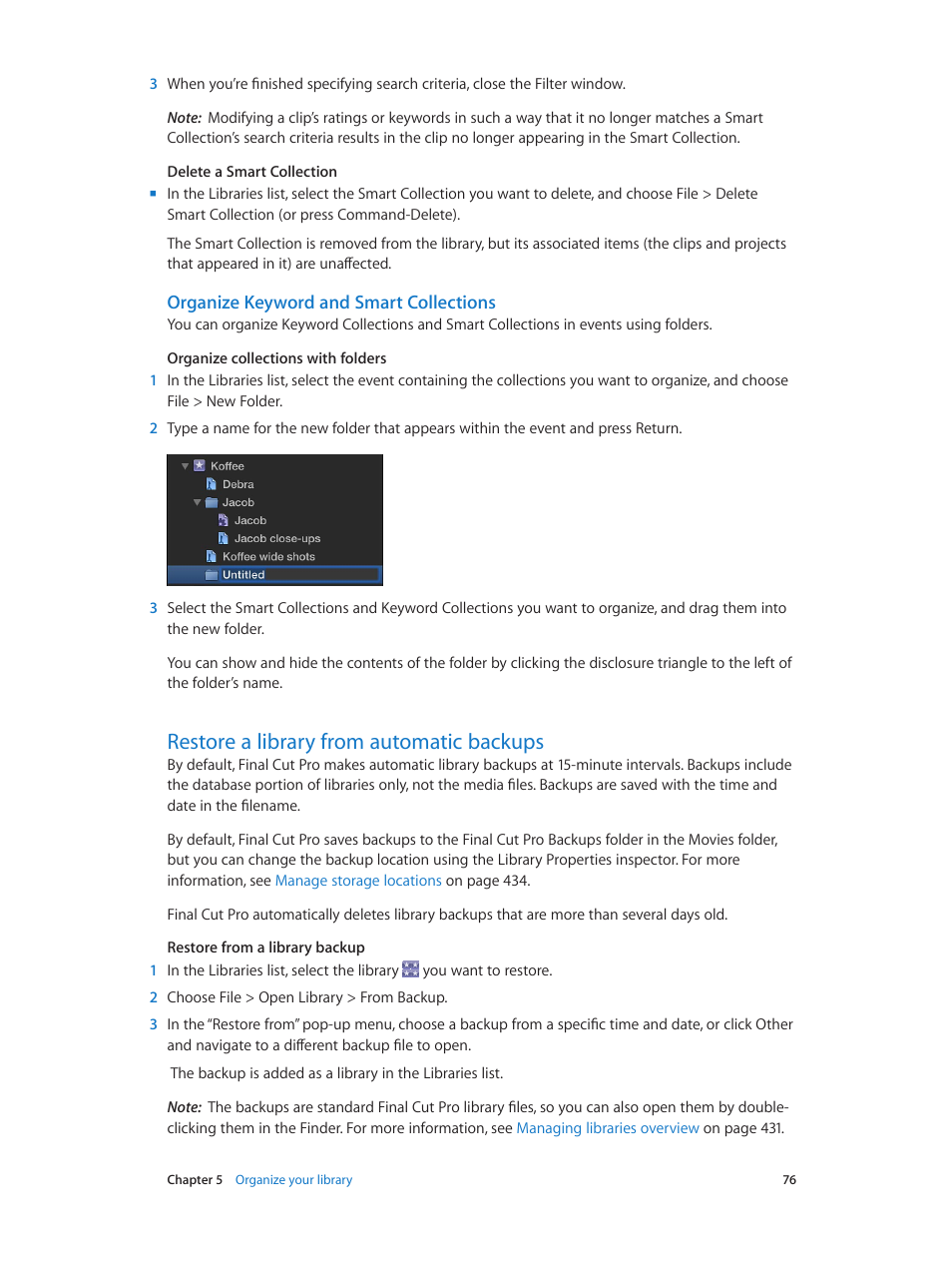 Organize keyword and smart collections, Restore a library from automatic backups, 76 restore a library from automatic backups | Apple Final Cut Pro X (10.1.2) User Manual | Page 76 / 495