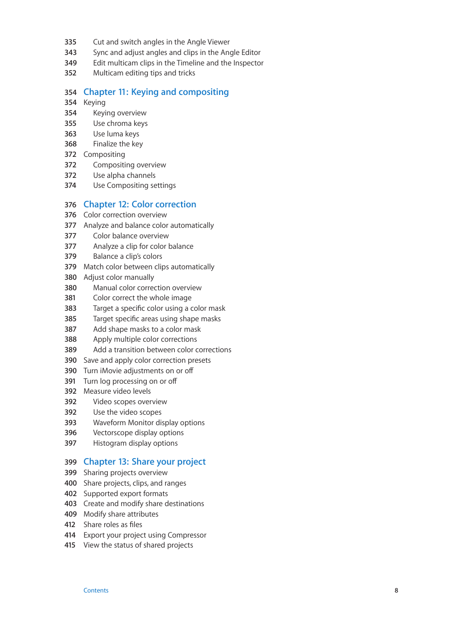 Chapter 11: keying and compositing, Chapter 12: color correction, Chapter 13: share your project | Apple Final Cut Pro X (10.1.2) User Manual | Page 8 / 495