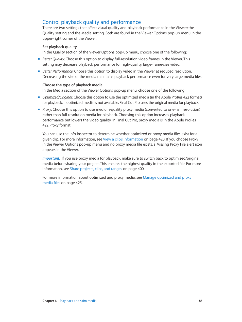 Control playback quality and performance, 85 control playback quality and performance | Apple Final Cut Pro X (10.1.2) User Manual | Page 85 / 495