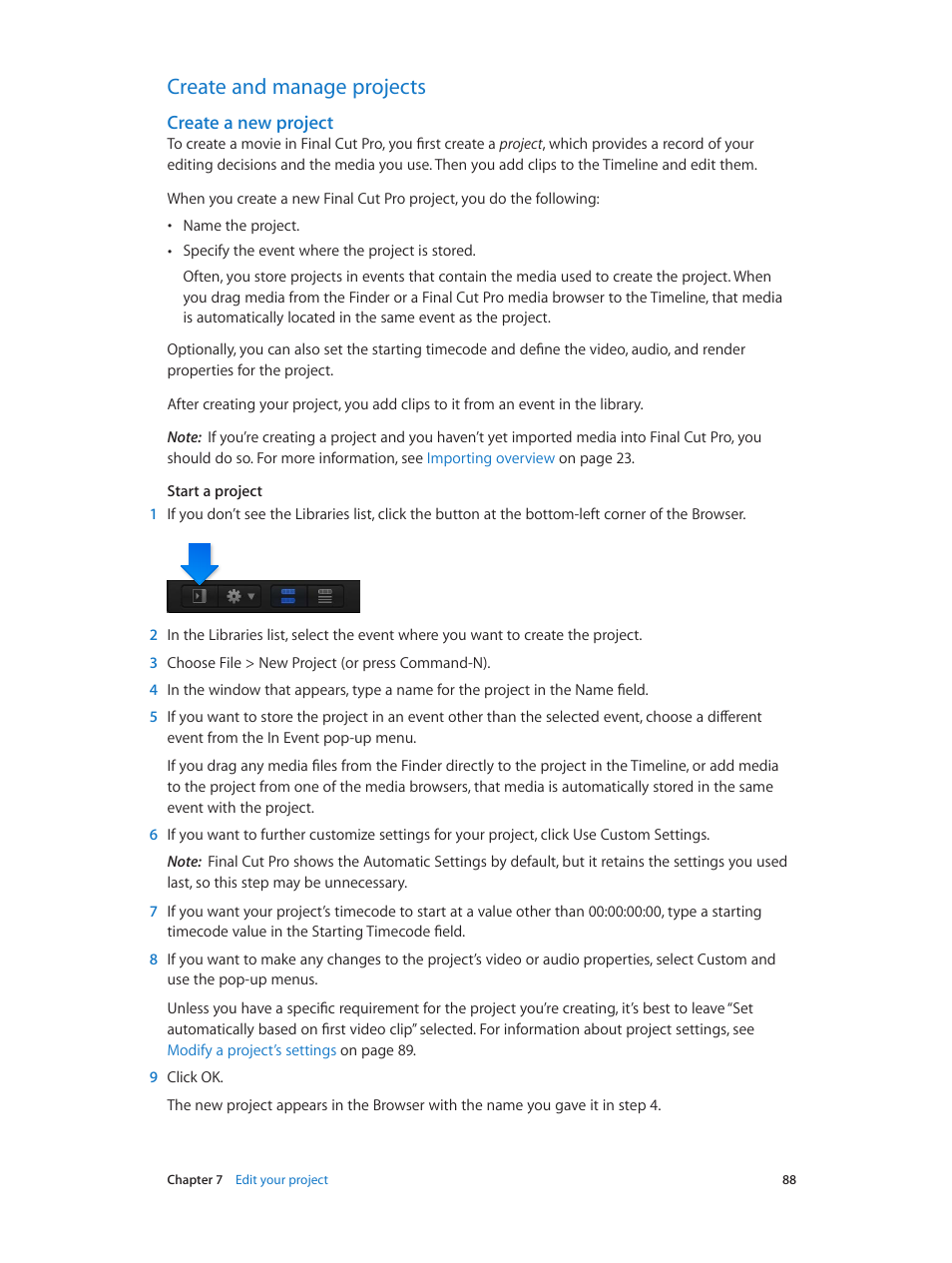 Create and manage projects, Create a new project, 88 create and manage projects 88 | Apple Final Cut Pro X (10.1.2) User Manual | Page 88 / 495