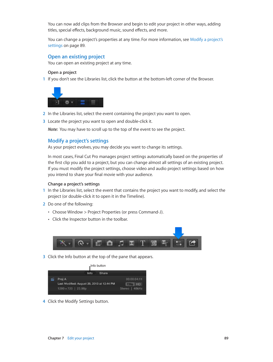 Open an existing project, Modify a project’s settings, Modify a project’s | Settings | Apple Final Cut Pro X (10.1.2) User Manual | Page 89 / 495