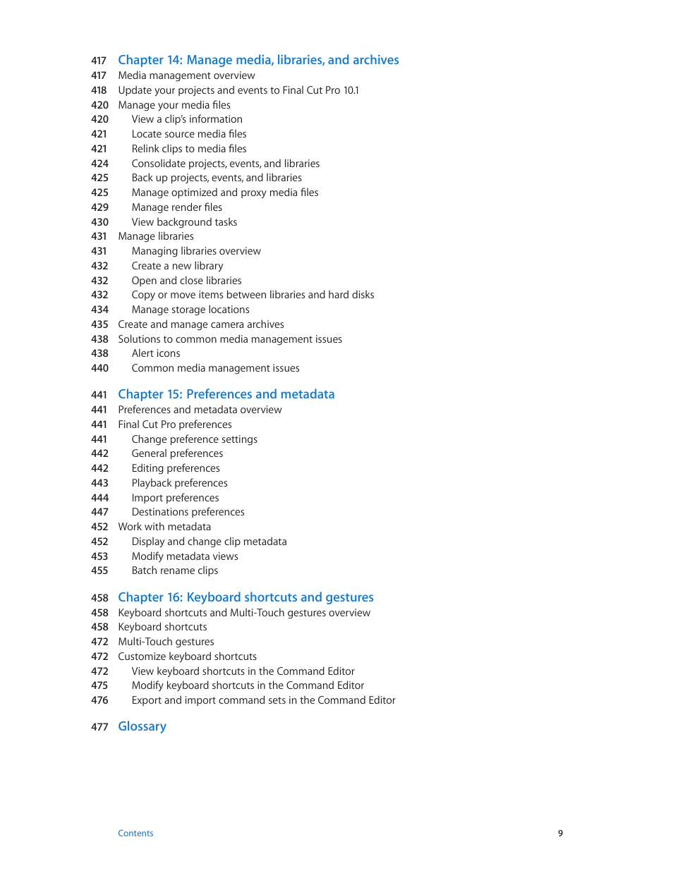 Chapter 14: manage media, libraries, and archives, Chapter 15: preferences and metadata, Chapter 16: keyboard shortcuts and gestures | Glossary | Apple Final Cut Pro X (10.1.2) User Manual | Page 9 / 495