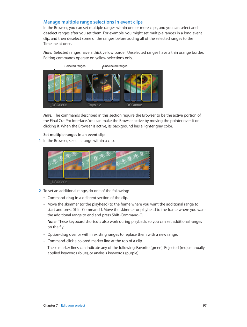 Manage multiple range selections in event clips, Manage multiple range selections in, Event clips | Apple Final Cut Pro X (10.1.2) User Manual | Page 97 / 495