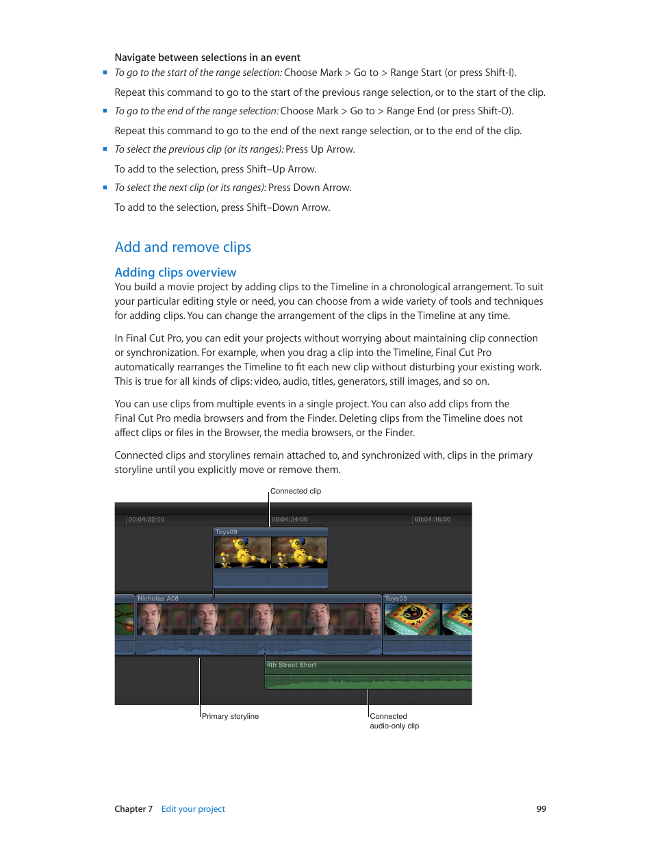 Add and remove clips, Adding clips overview, 99 add and remove clips 99 | 99 and | Apple Final Cut Pro X (10.1.2) User Manual | Page 99 / 495