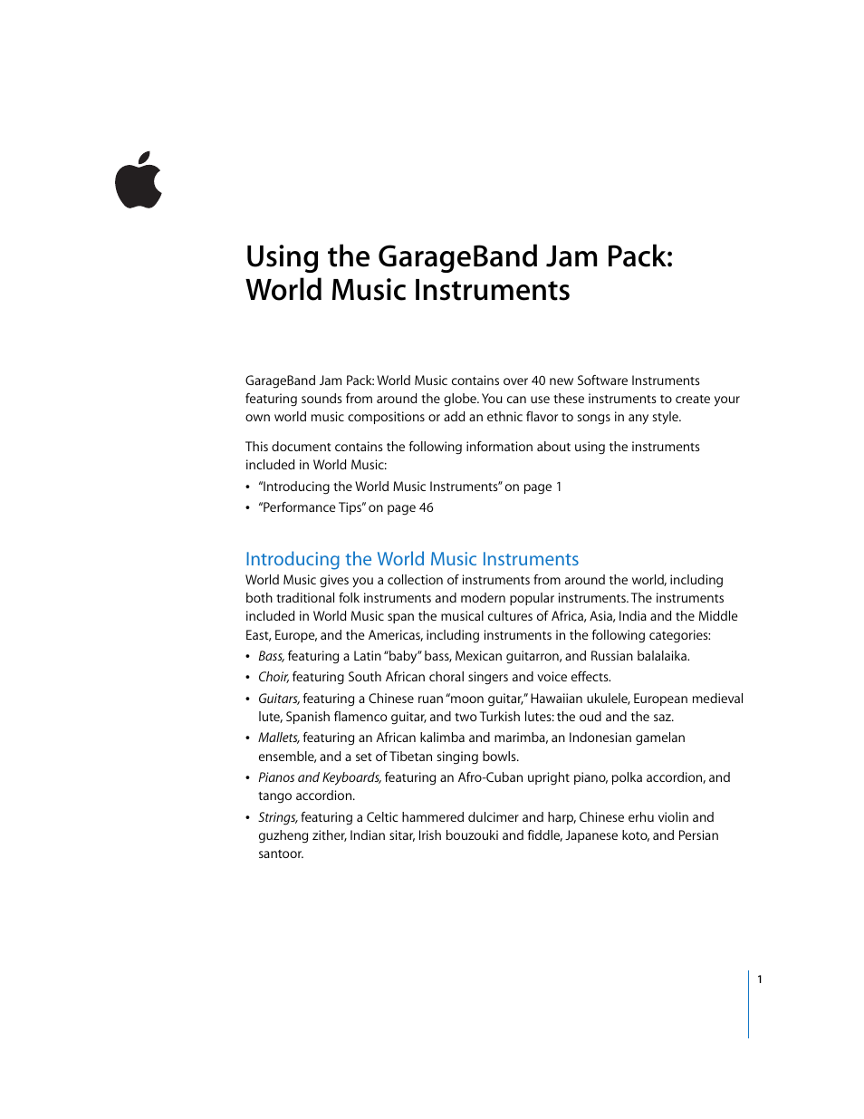 Apple Using the GarageBand Jam Pack: World Music Instruments User Manual | 47 pages