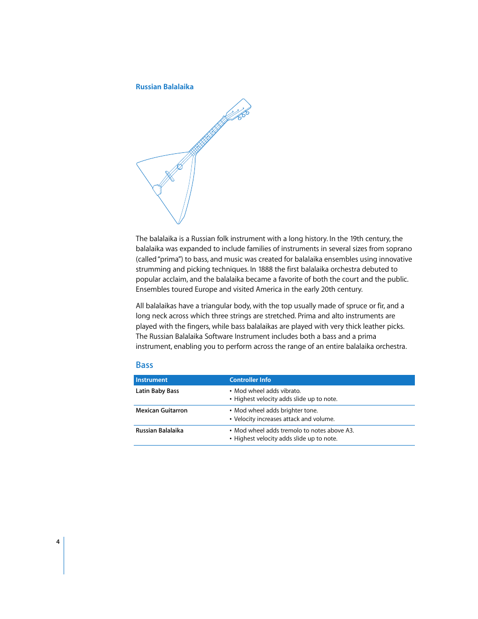 Bass | Apple Using the GarageBand Jam Pack: World Music Instruments User Manual | Page 4 / 47