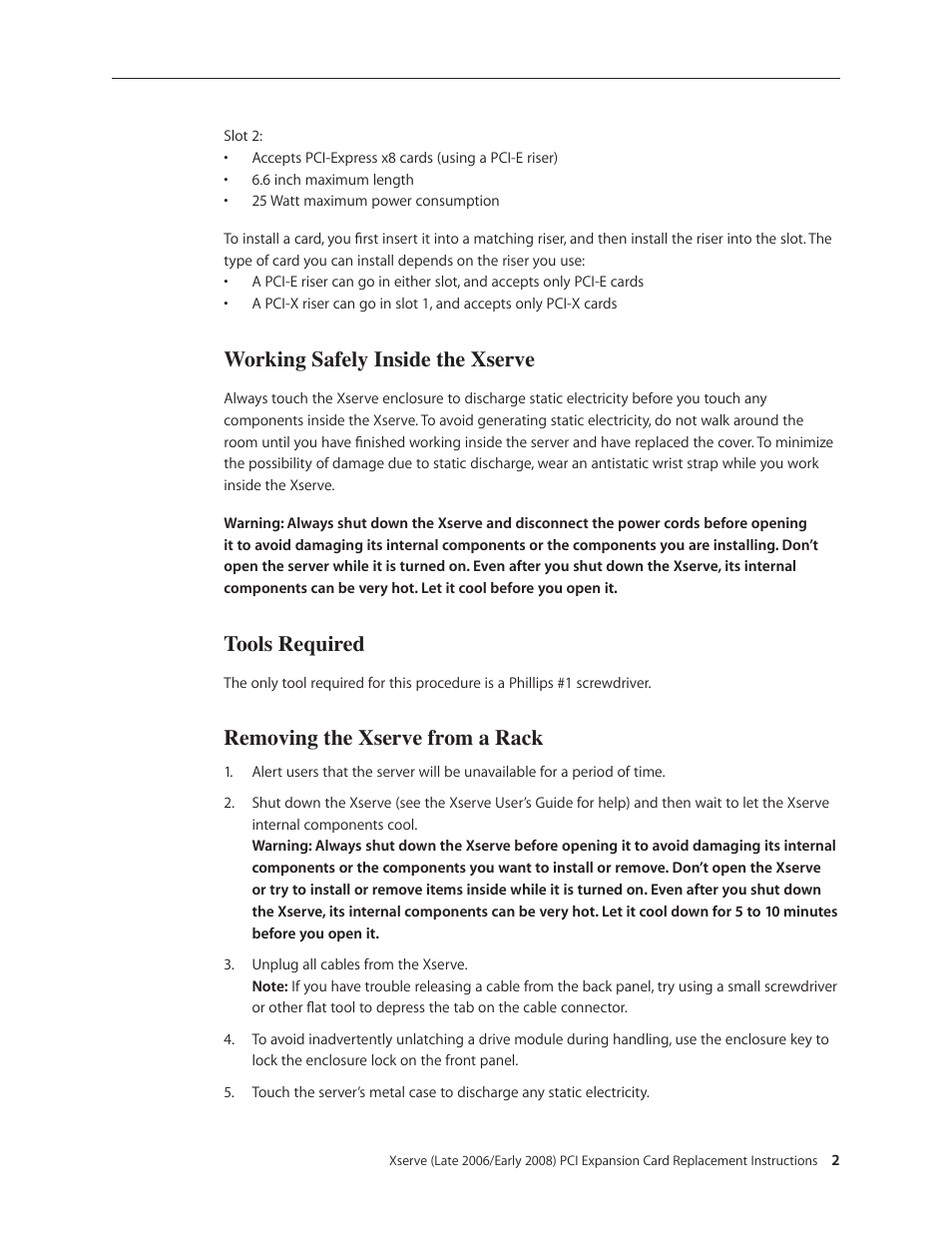 Working safely inside the xserve, Tools required, Removing the xserve from a rack | Apple Xserve (Early 2008) DIY Procedure for Expansion Card User Manual | Page 2 / 6