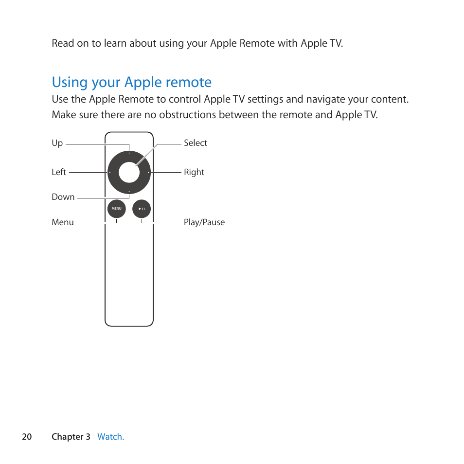 Using your apple remote, 20 using your apple remote | Apple TV (3rd generation) User Manual | Page 20 / 36