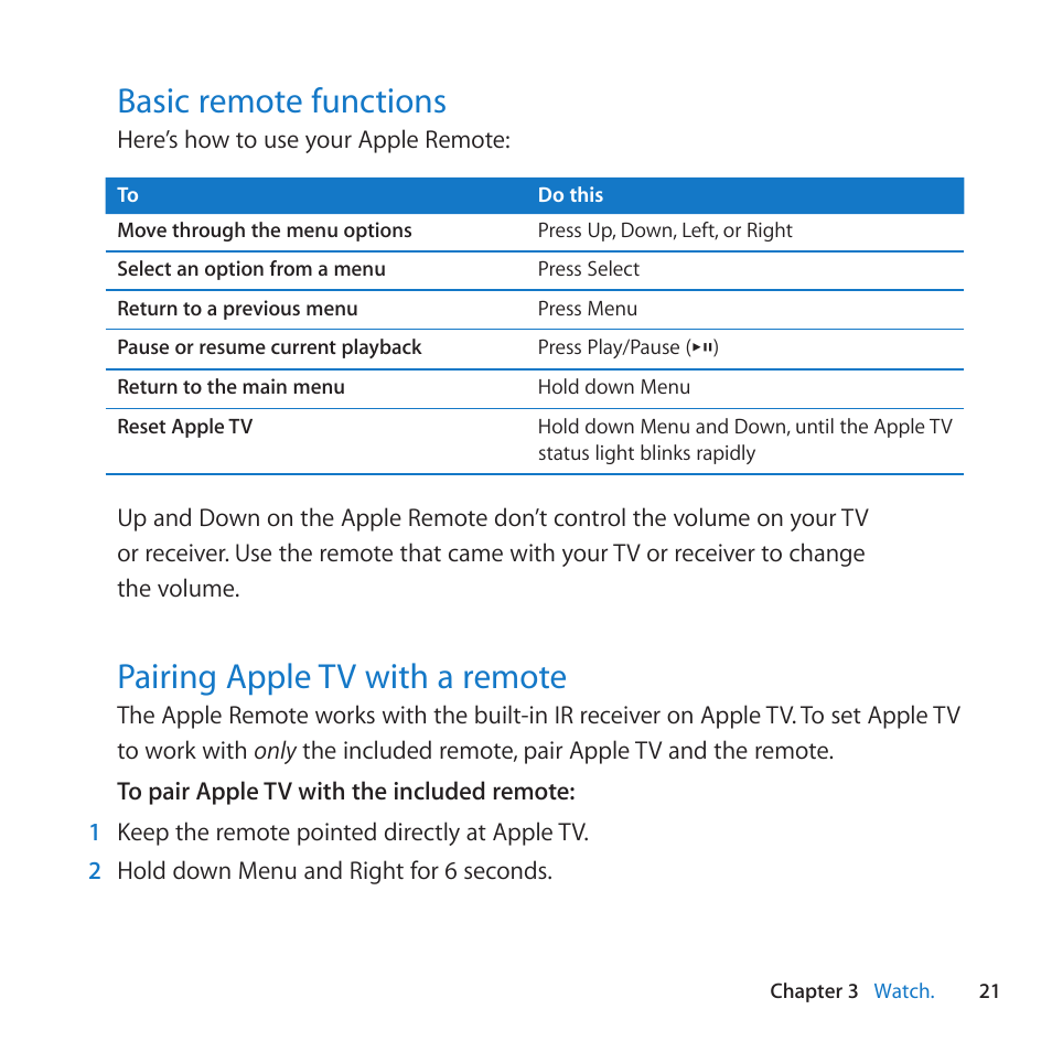 Basic remote functions, Pairing apple tv with a remote | Apple TV (3rd generation) User Manual | Page 21 / 36