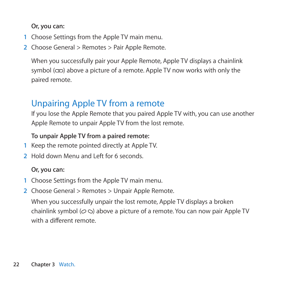 Unpairing apple tv from a remote, 22 unpairing apple tv from a remote | Apple TV (3rd generation) User Manual | Page 22 / 36