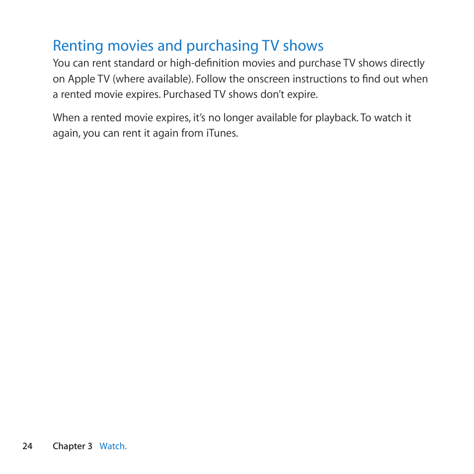 Renting movies and purchasing tv shows, 24 renting movies and purchasing tv shows | Apple TV (3rd generation) User Manual | Page 24 / 36