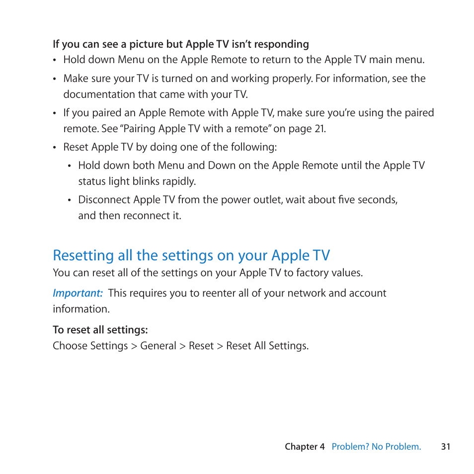 Resetting all the settings on your apple tv, 31 resetting all the settings on your apple tv | Apple TV (3rd generation) User Manual | Page 31 / 36