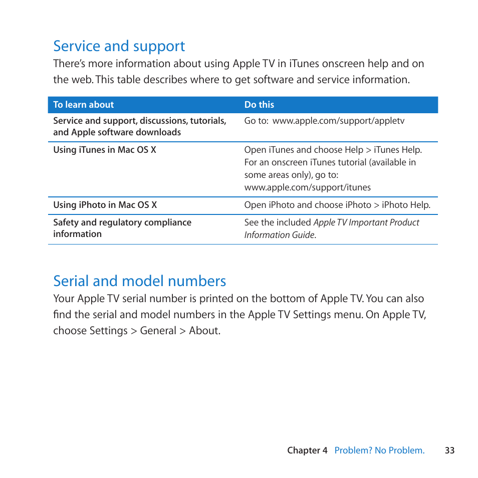 Service and support, Serial and model numbers, 33 service and support 33 serial and model numbers | Apple TV (3rd generation) User Manual | Page 33 / 36