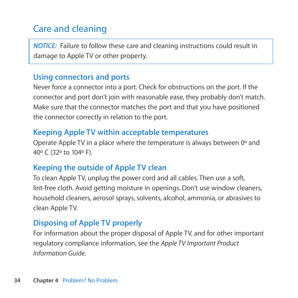 Care and cleaning, 34 care and cleaning | Apple TV (3rd generation) User Manual | Page 34 / 36