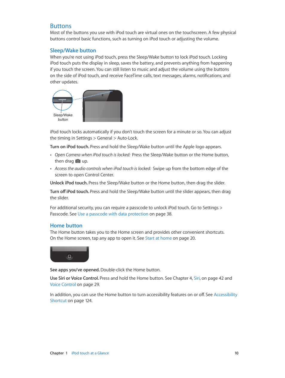 Buttons, 10 buttons, Sleep/wake button | Home button | Apple iPod touch iOS 8.1 User Manual | Page 10 / 160