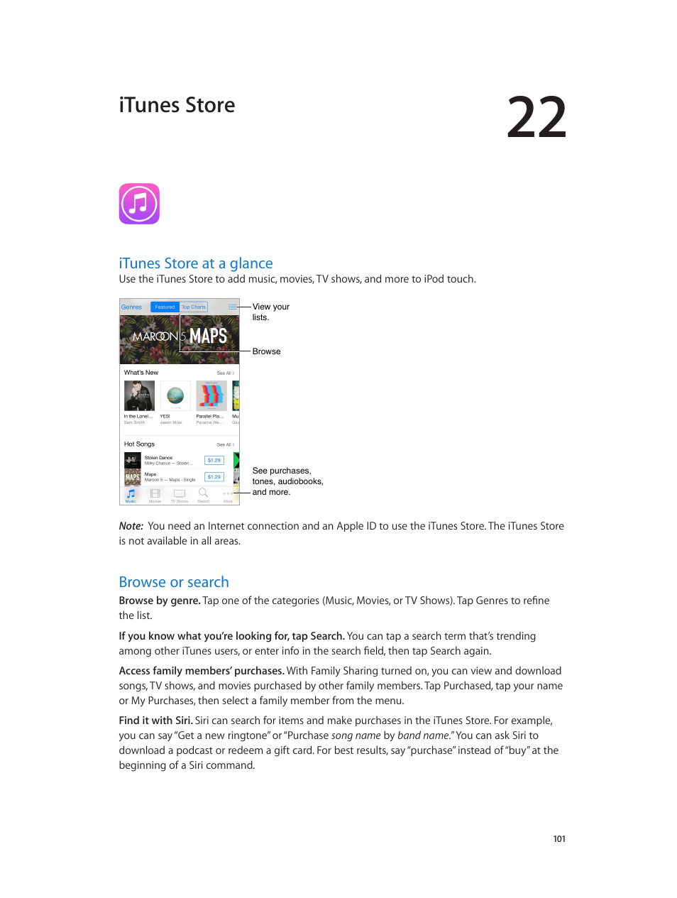 Chapter 22: itunes store, Itunes store at a glance, Browse or search | 101 itunes store at a glance 101 browse or search, Itunes store | Apple iPod touch iOS 8.1 User Manual | Page 101 / 160