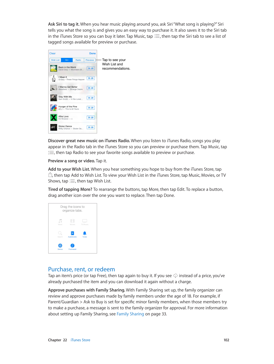 Purchase, rent, or redeem, 102 purchase, rent, or redeem | Apple iPod touch iOS 8.1 User Manual | Page 102 / 160
