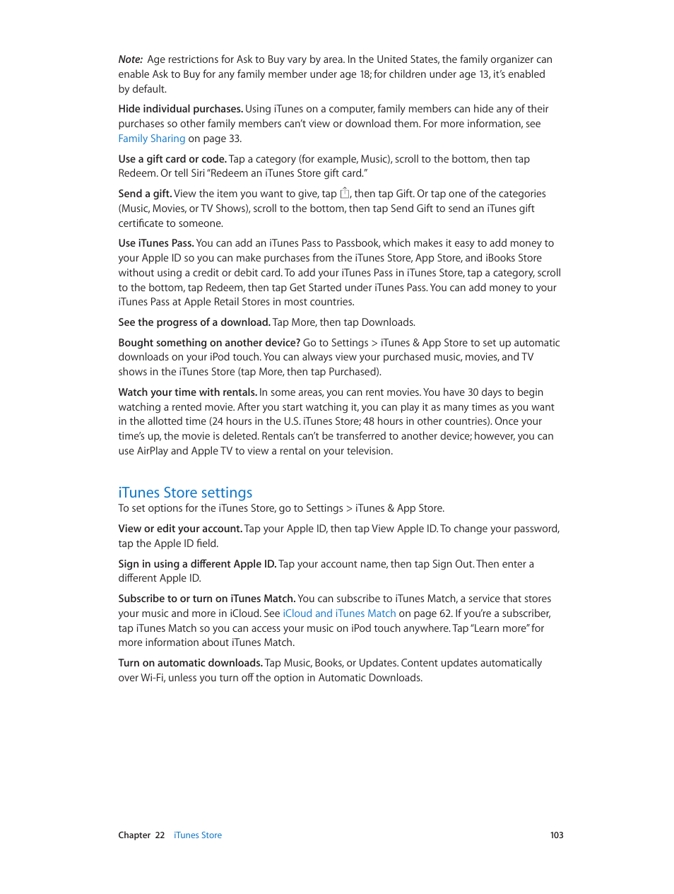 Itunes store settings, 103 itunes store settings | Apple iPod touch iOS 8.1 User Manual | Page 103 / 160