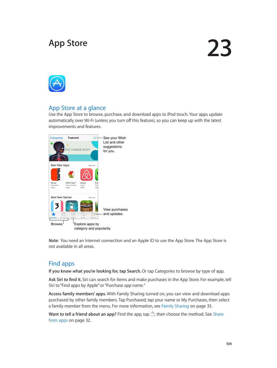 Chapter 23: app store, App store at a glance, Find apps | 104 app store at a glance 104 find apps, App store | Apple iPod touch iOS 8.1 User Manual | Page 104 / 160
