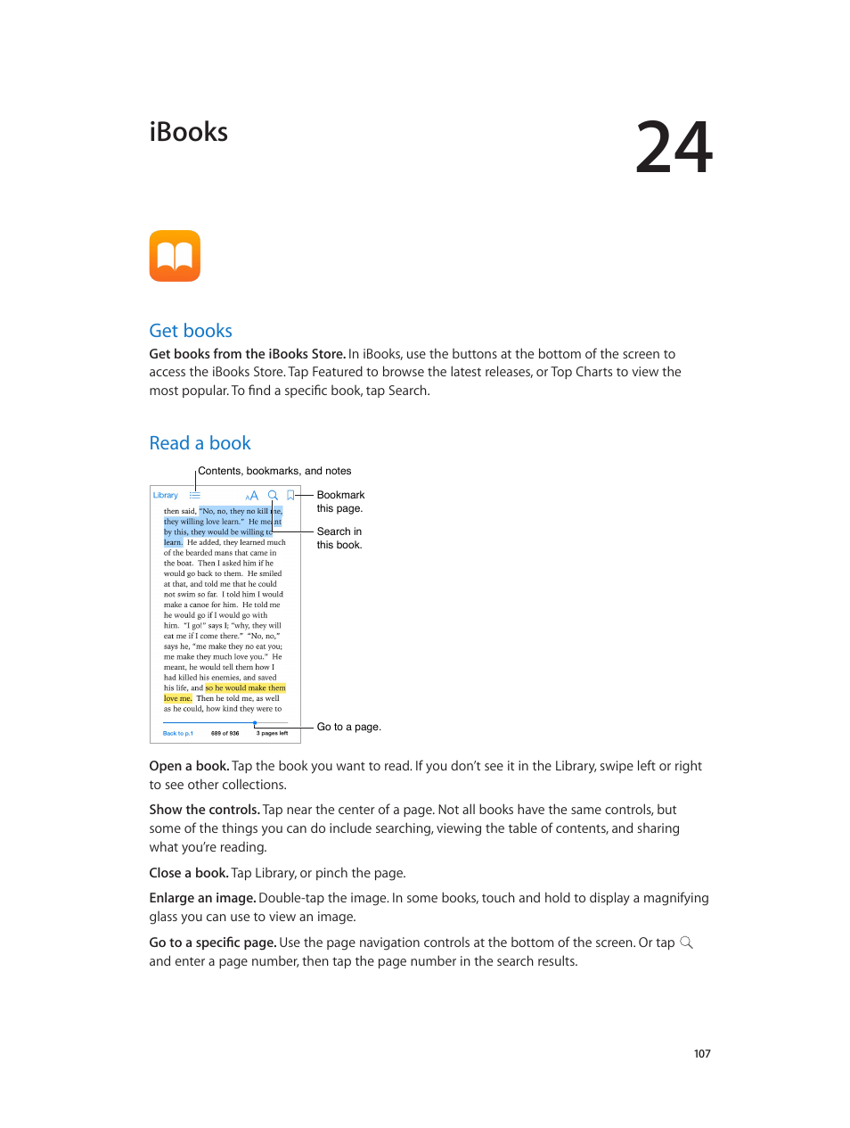 Chapter 24: ibooks, Get books, Read a book | 107 get books 107 read a book, Ibooks | Apple iPod touch iOS 8.1 User Manual | Page 107 / 160