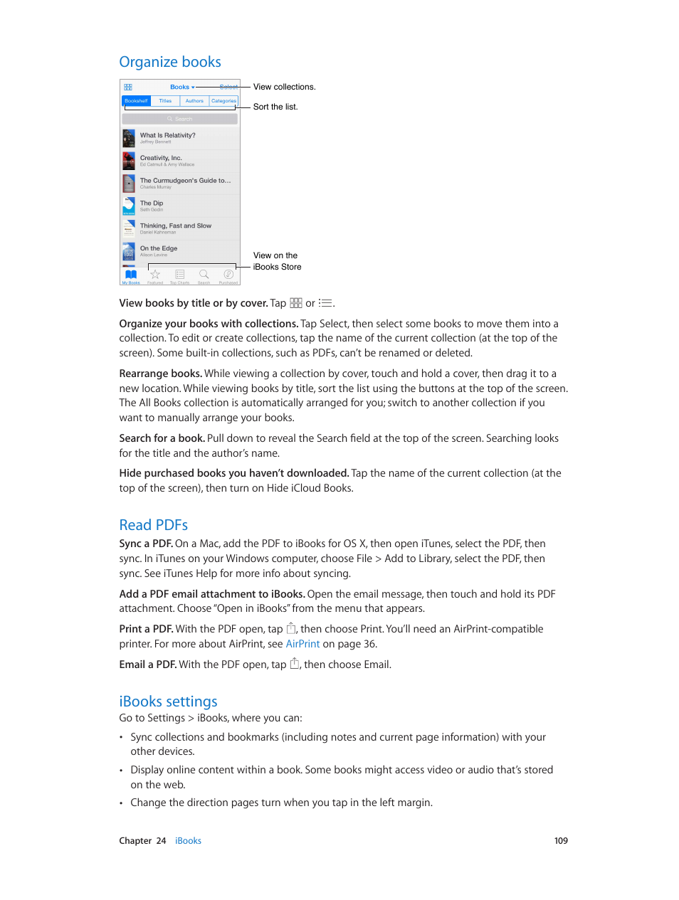 Organize books, Read pdfs, Ibooks settings | Apple iPod touch iOS 8.1 User Manual | Page 109 / 160