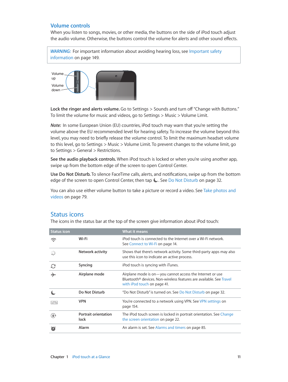 Status icons, 11 status icons, Volume controls | Apple iPod touch iOS 8.1 User Manual | Page 11 / 160
