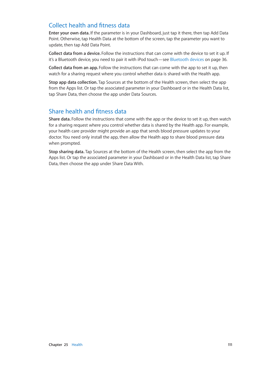 Collect health and fitness data, Share health and fitness data | Apple iPod touch iOS 8.1 User Manual | Page 111 / 160