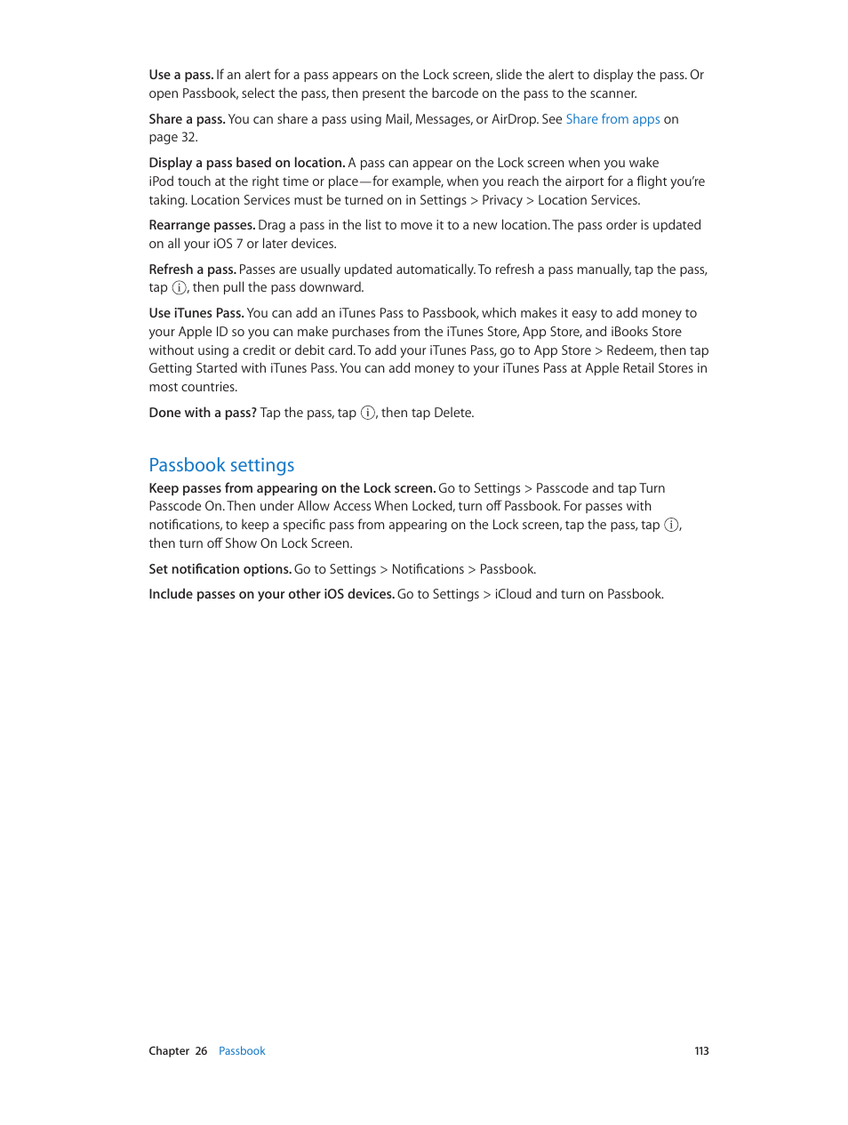 Passbook settings, 113 passbook settings | Apple iPod touch iOS 8.1 User Manual | Page 113 / 160