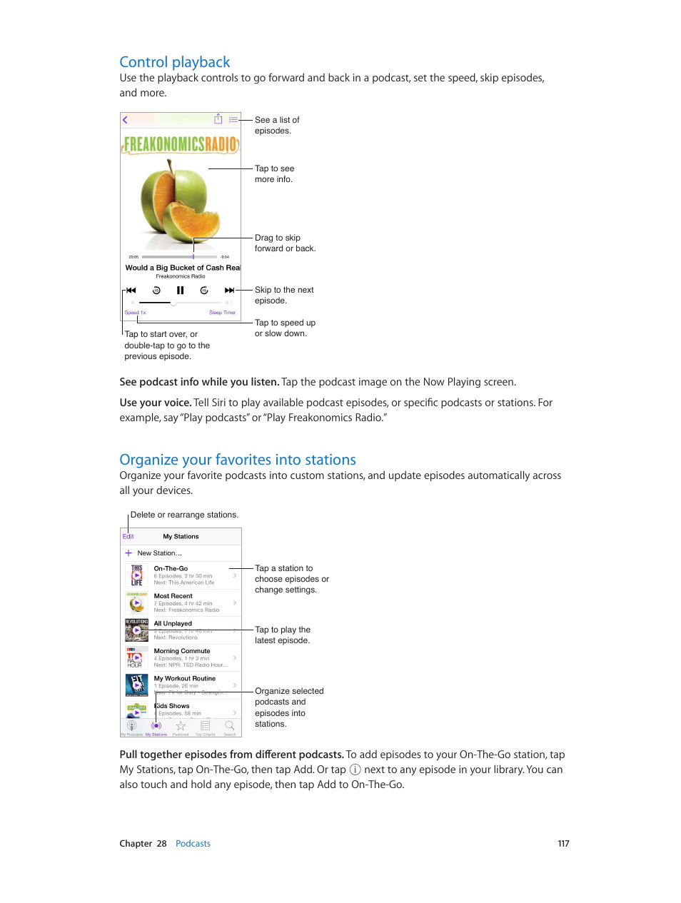 Control playback, Organize your favorites into stations | Apple iPod touch iOS 8.1 User Manual | Page 117 / 160