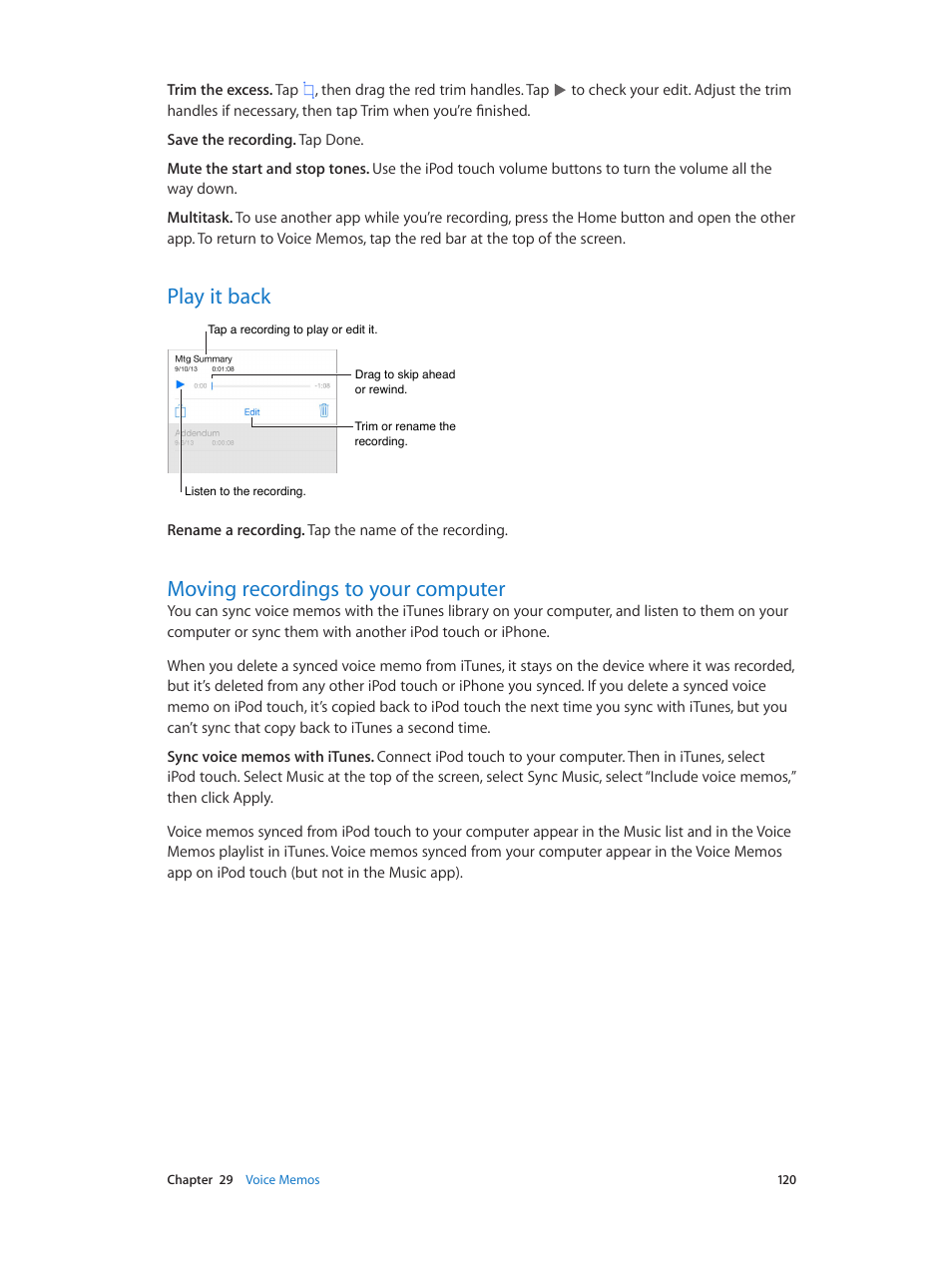 Play it back, Moving recordings to your computer | Apple iPod touch iOS 8.1 User Manual | Page 120 / 160