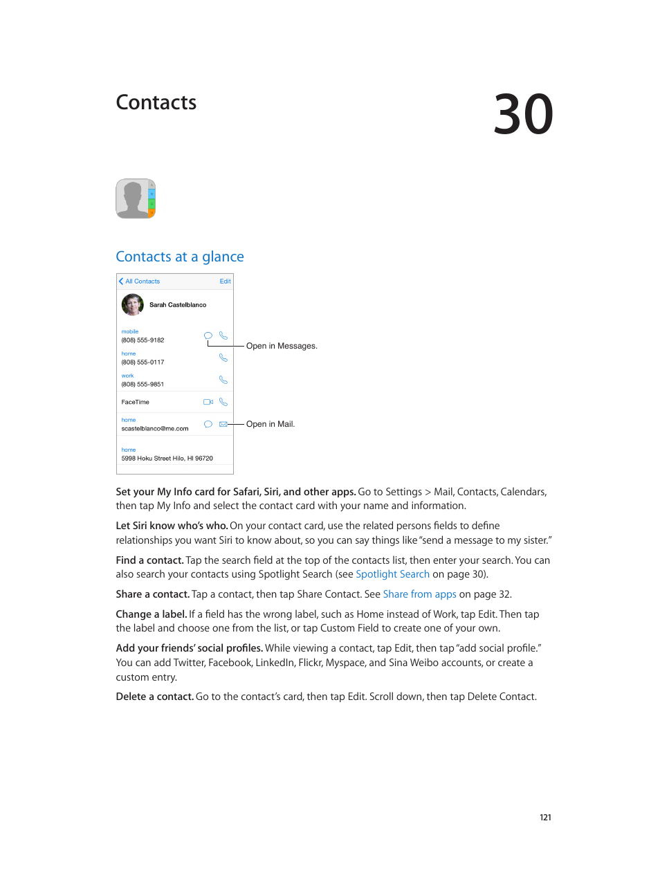 Chapter 30: contacts, Contacts at a glance, 121 contacts at a glance | Contacts | Apple iPod touch iOS 8.1 User Manual | Page 121 / 160