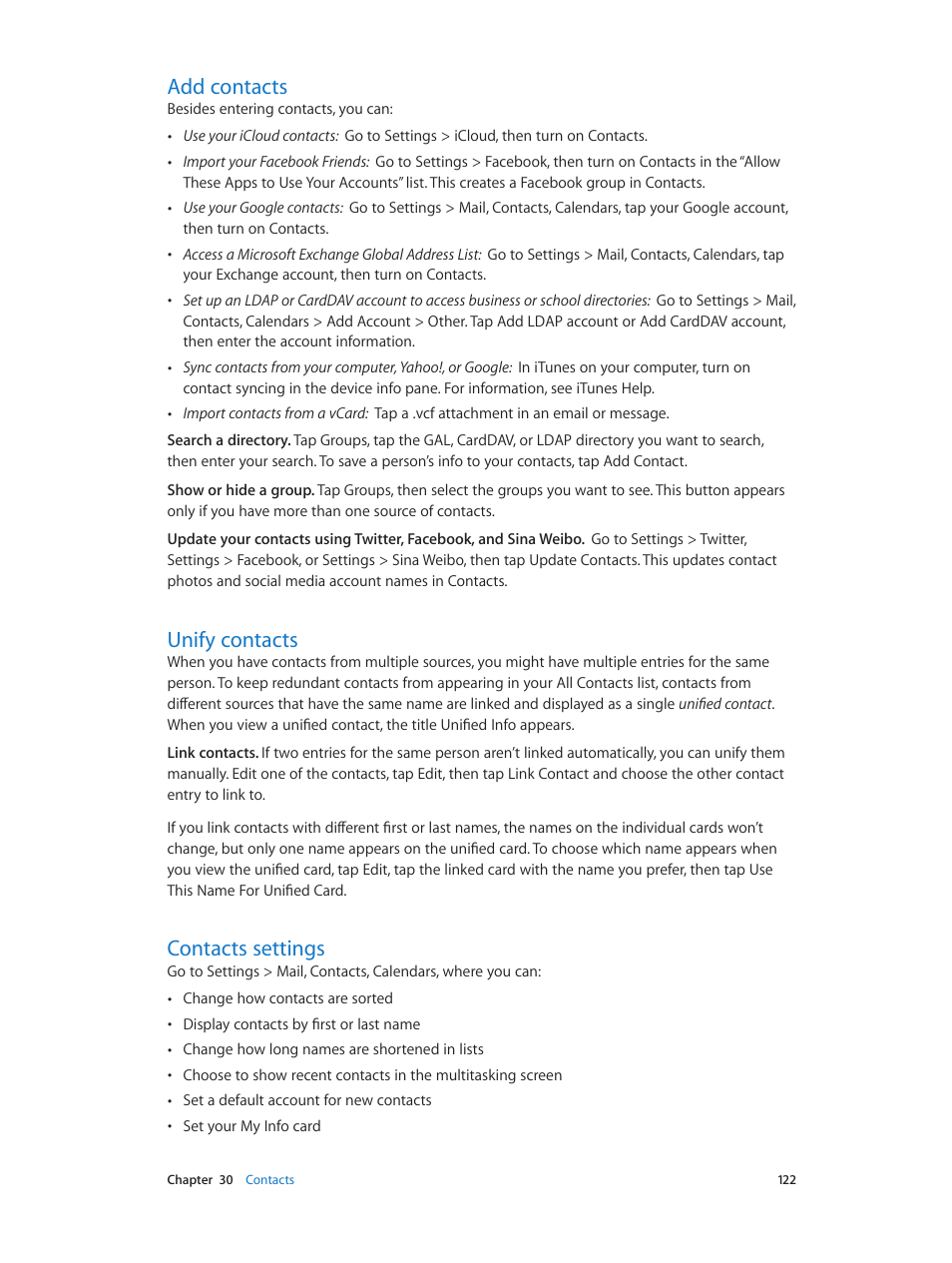 Add contacts, Unify contacts, Contacts settings | Apple iPod touch iOS 8.1 User Manual | Page 122 / 160